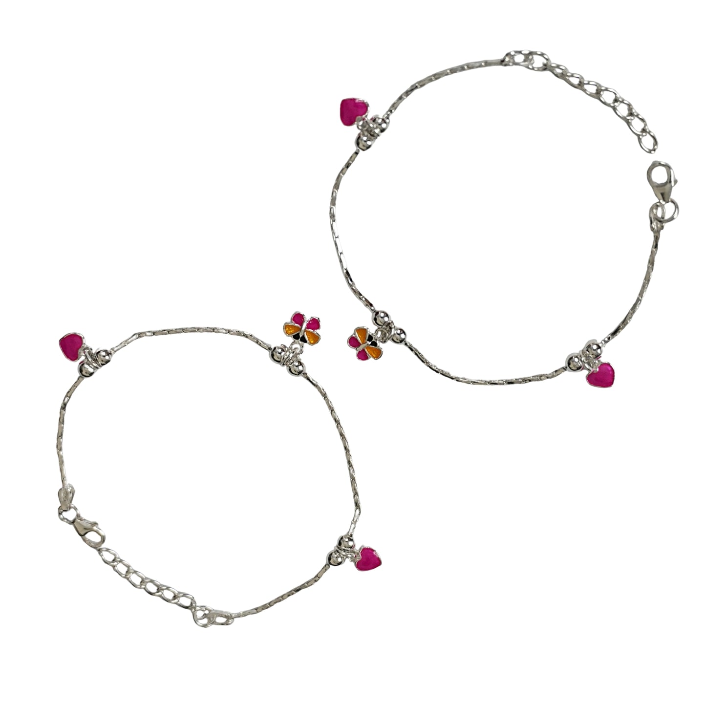 Sterling Silver Kids Anklet Pair – Heart & Flower Charm Design