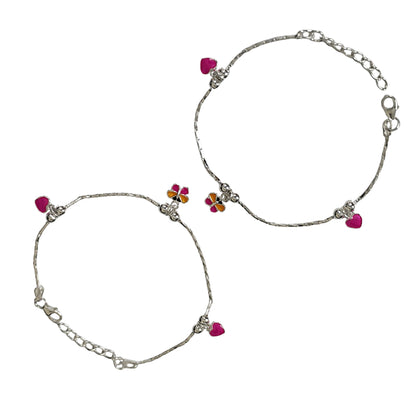 Sterling Silver Kids Anklet Pair – Heart & Flower Charm Design