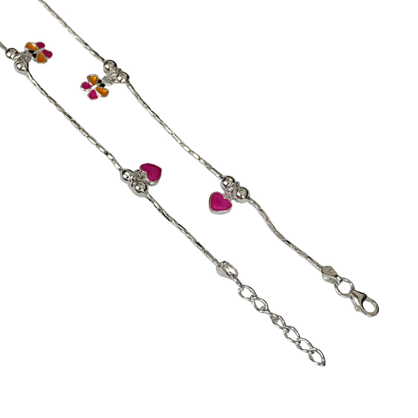 Sterling Silver Kids Anklet Pair – Heart & Flower Charm Design