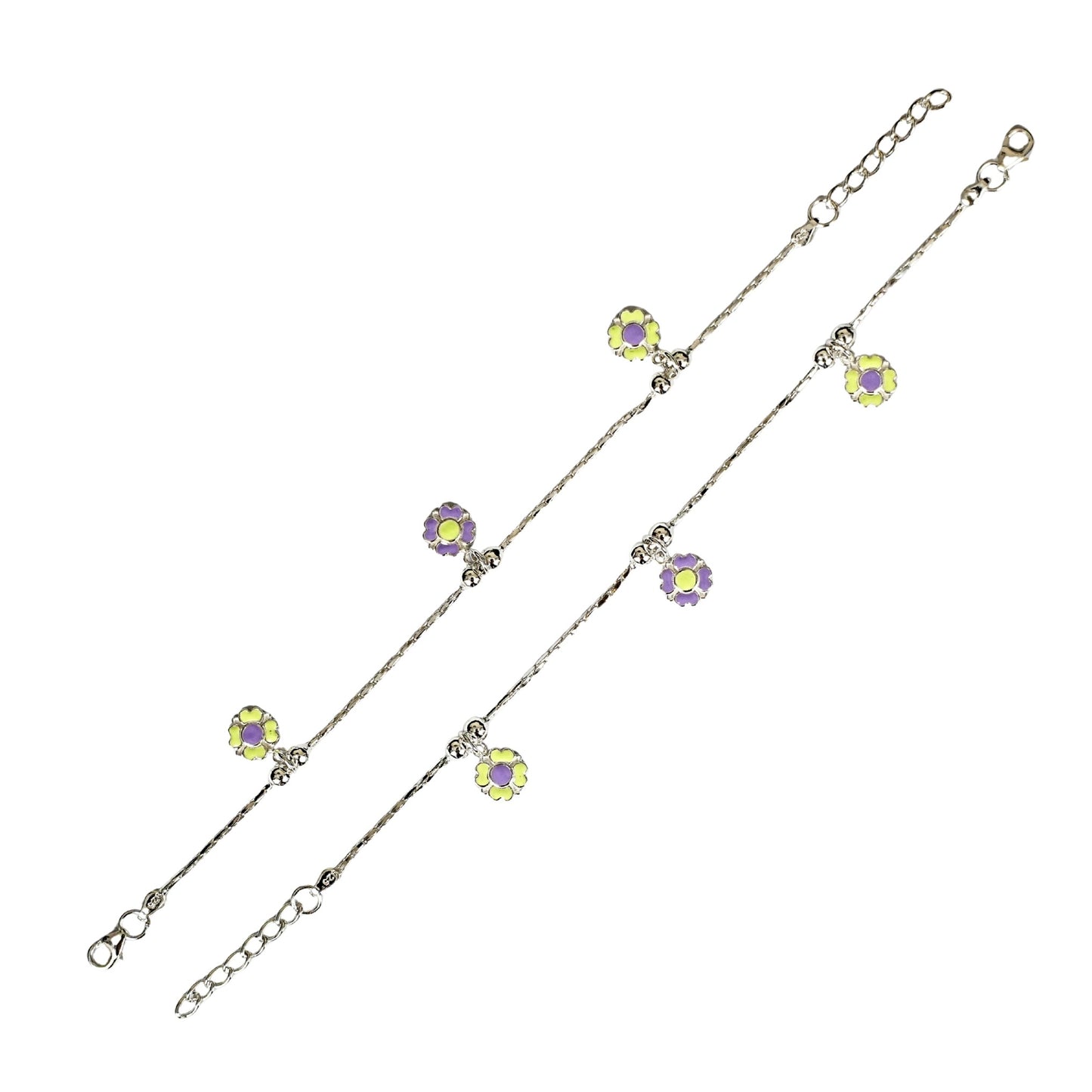 Sterling Silver Kids Anklet Pair – Purple & Green Floral Charm Design