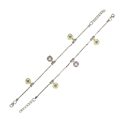 Sterling Silver Kids Anklet Pair – Purple & Green Floral Charm Design
