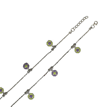 Sterling Silver Kids Anklet Pair – Purple & Green Floral Charm Design