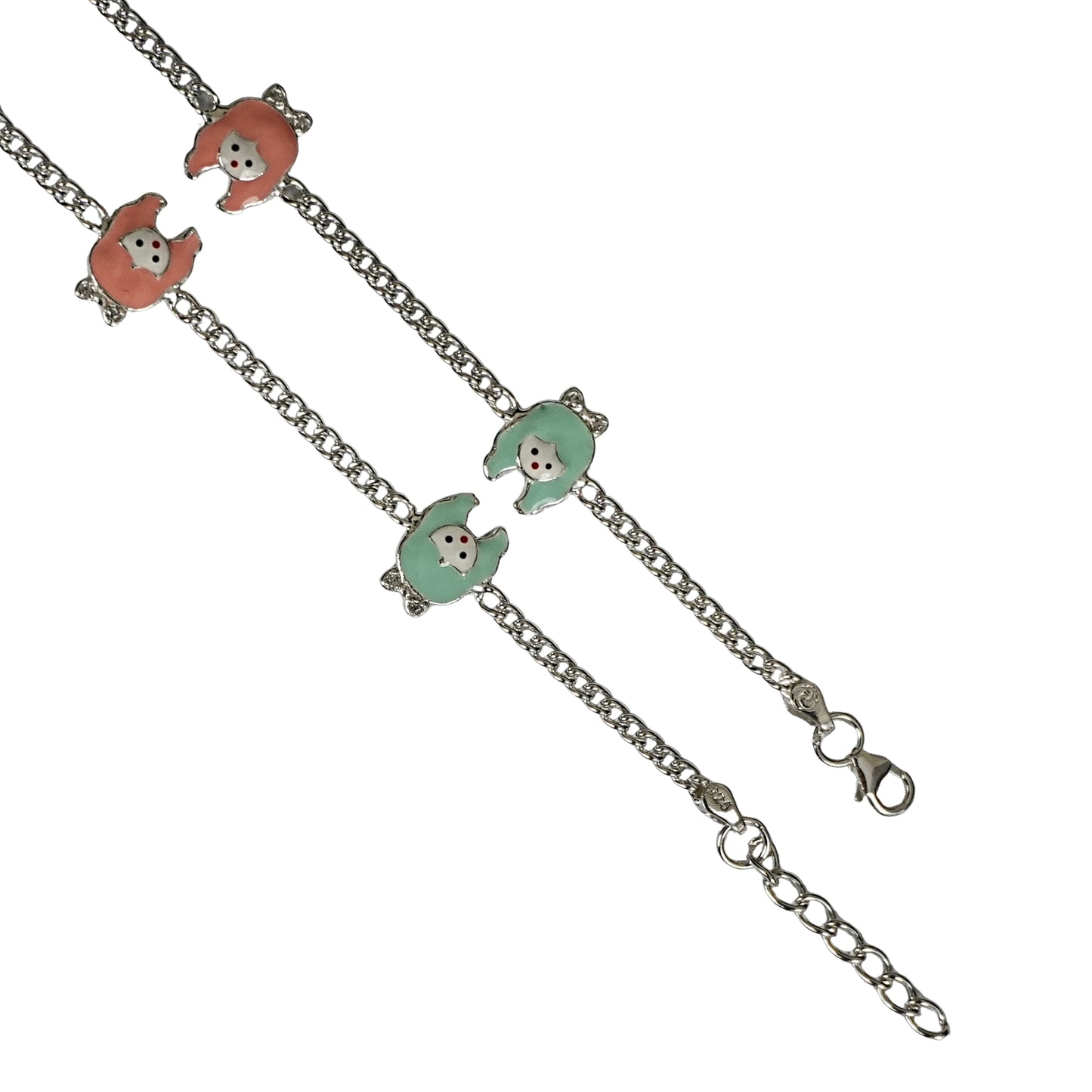 Sterling Silver Kids Anklet Pair – Pastel Bear Charm Design